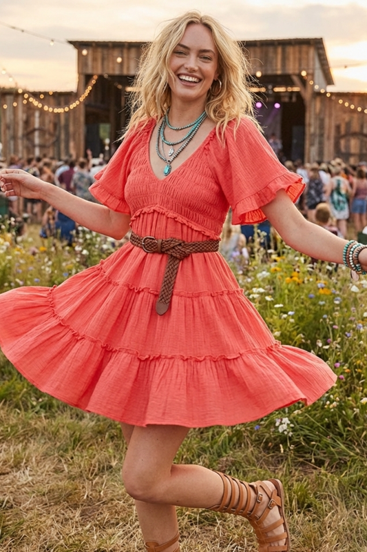 Sunset Glow Ruffled Mini Dress - YD1253KJ