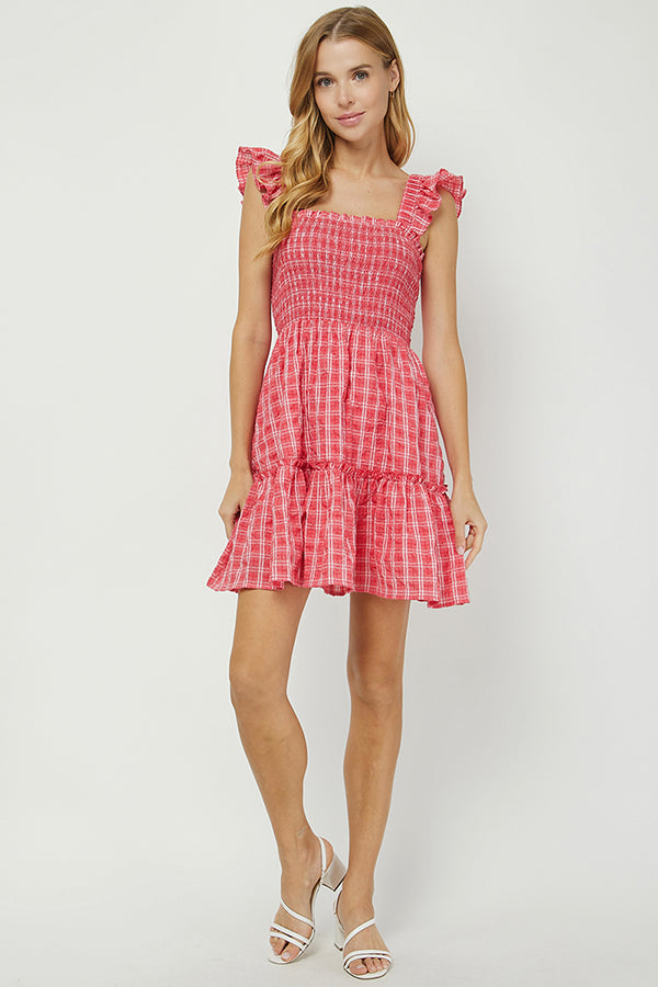 RED GINGHAM MINI BABYDOLL DRESS - YD1264BJ