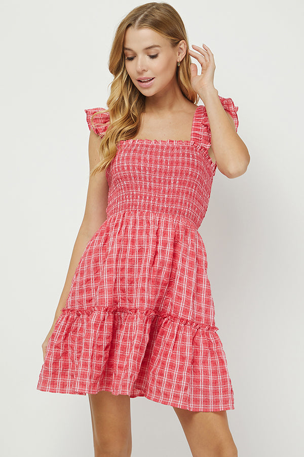 RED GINGHAM MINI BABYDOLL DRESS - YD1264BJ