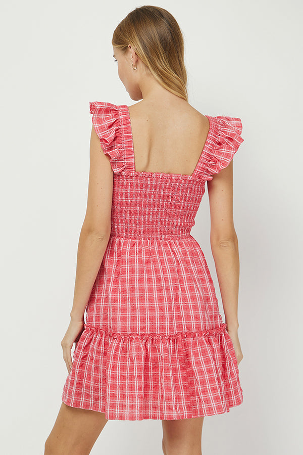 RED GINGHAM MINI BABYDOLL DRESS - YD1264BJ