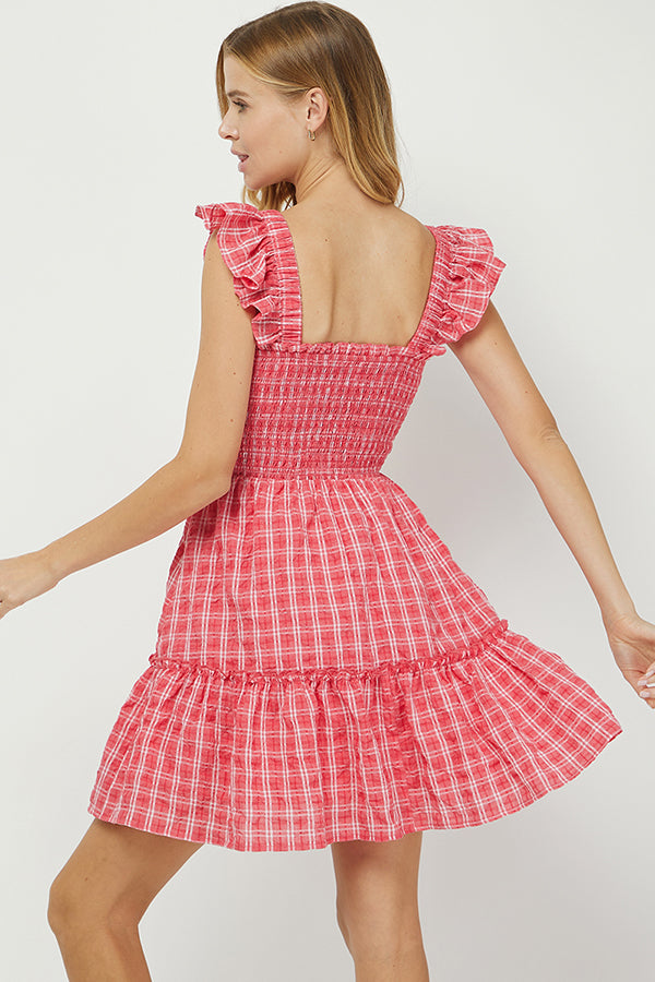 RED GINGHAM MINI BABYDOLL DRESS - YD1264BJ