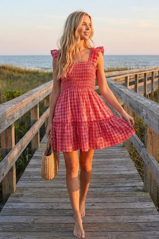 RED GINGHAM MINI BABYDOLL DRESS - YD1264BJ