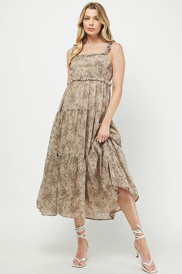 Taupe Smocked Tiered Maxi Dress - YD1346BJ