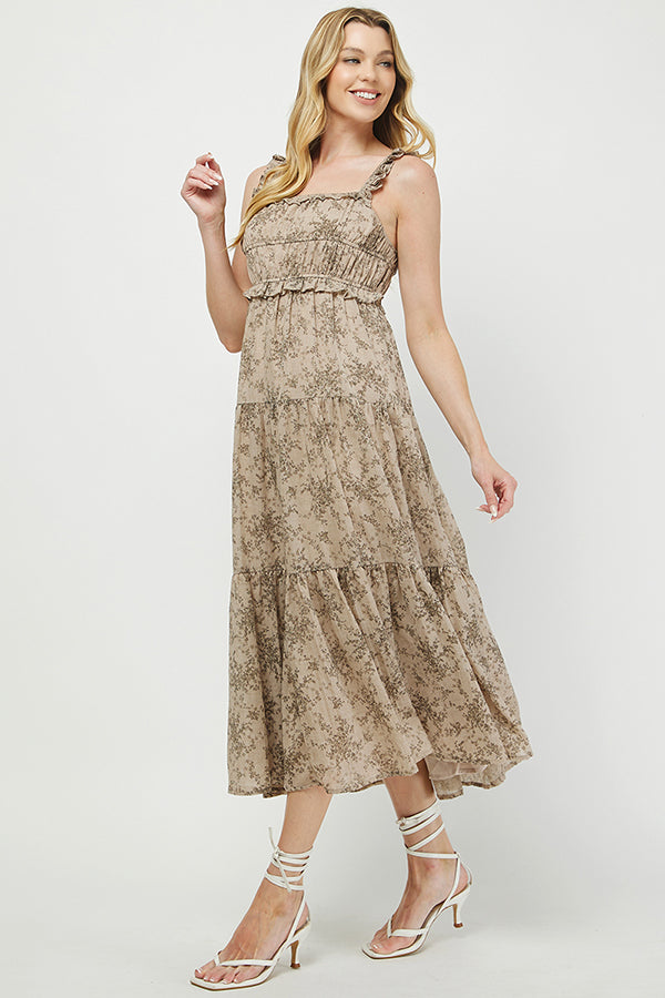 Taupe Smocked Tiered Maxi Dress - YD1346BJ
