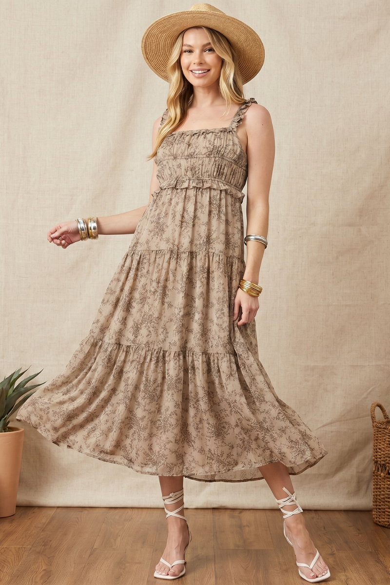 Taupe Smocked Tiered Maxi Dress - YD1346BJ