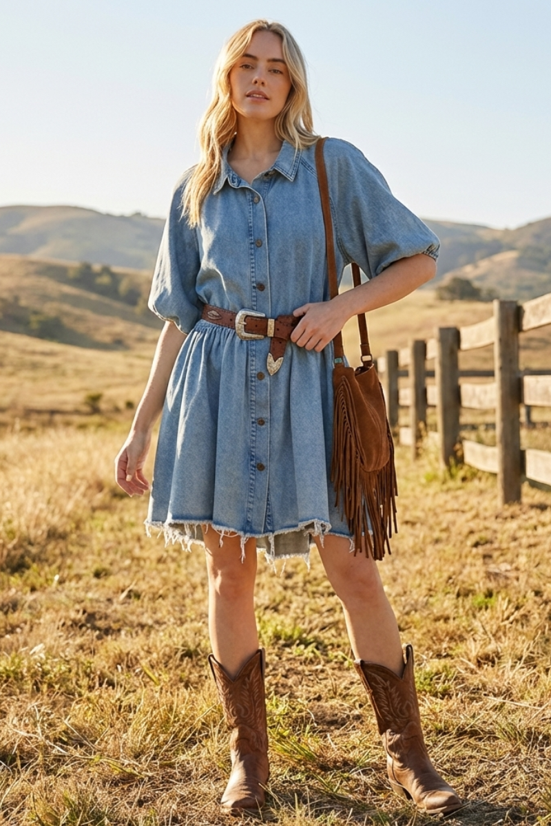 Denim Mini Shirt Dress with Button Front - YD1351BJ