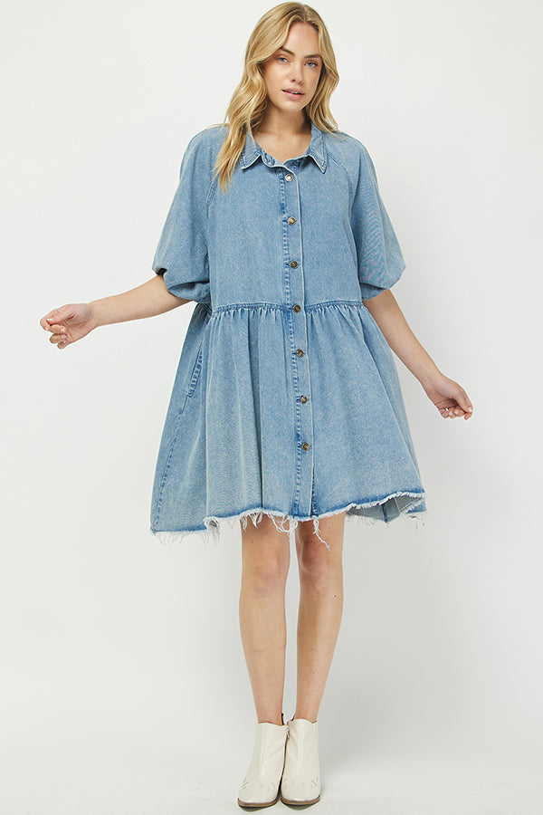 Denim Mini Shirt Dress with Button Front - YD1351BJ
