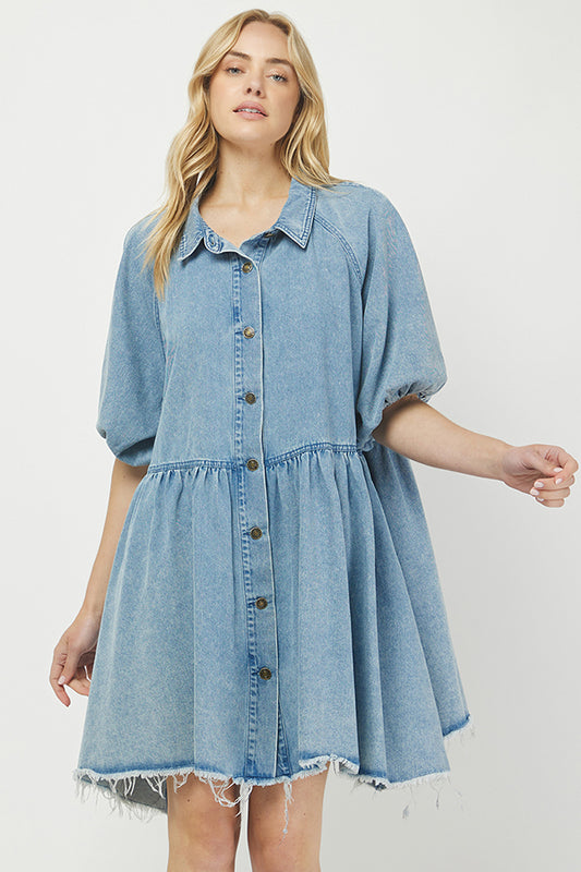 Denim Mini Shirt Dress with Button Front - YD1351BJ