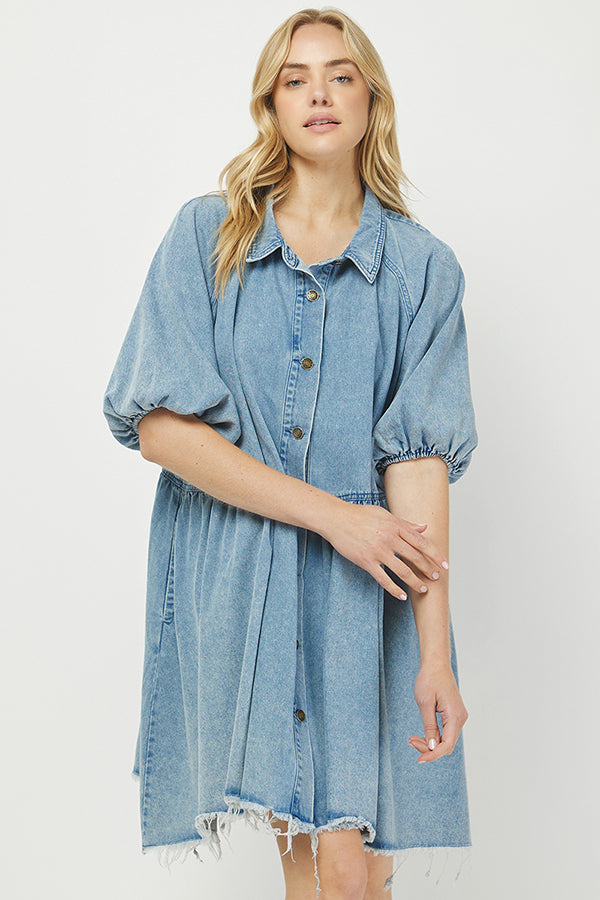 Denim Mini Shirt Dress with Button Front - YD1351BJ