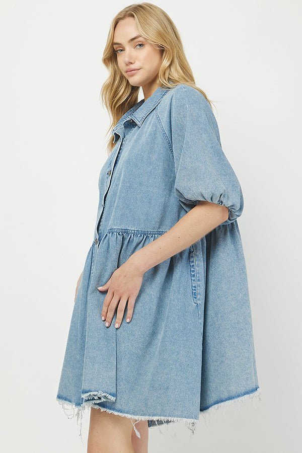 Denim Mini Shirt Dress with Button Front - YD1351BJ
