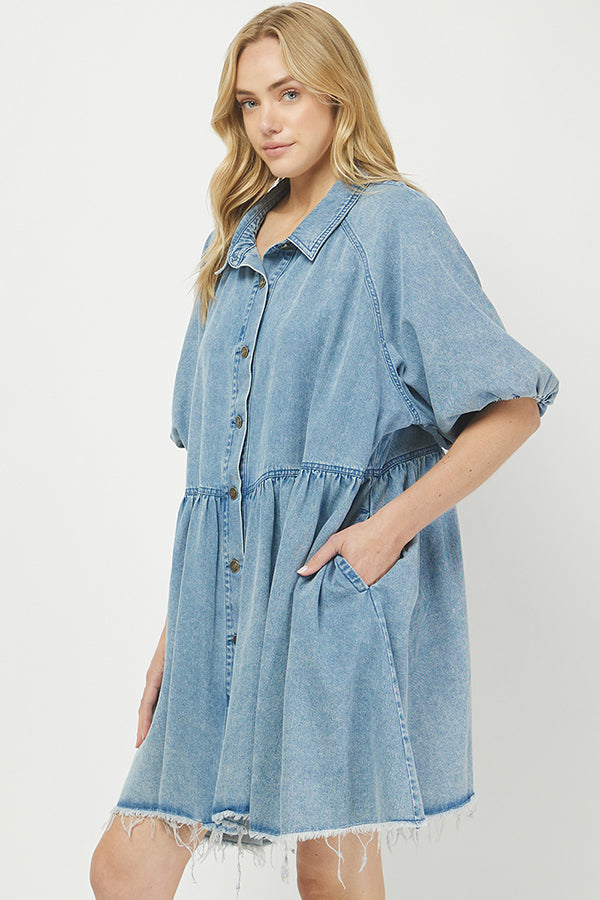 Denim Mini Shirt Dress with Button Front - YD1351BJ