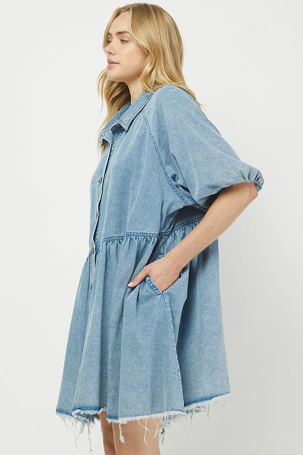 Denim Mini Shirt Dress with Button Front - YD1351BJ