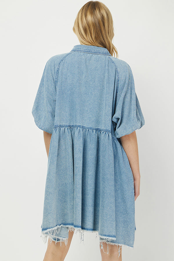 Denim Mini Shirt Dress with Button Front - YD1351BJ
