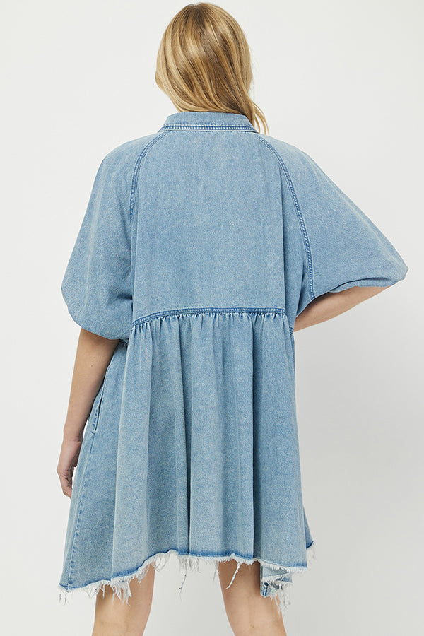 Denim Mini Shirt Dress with Button Front - YD1351BJ