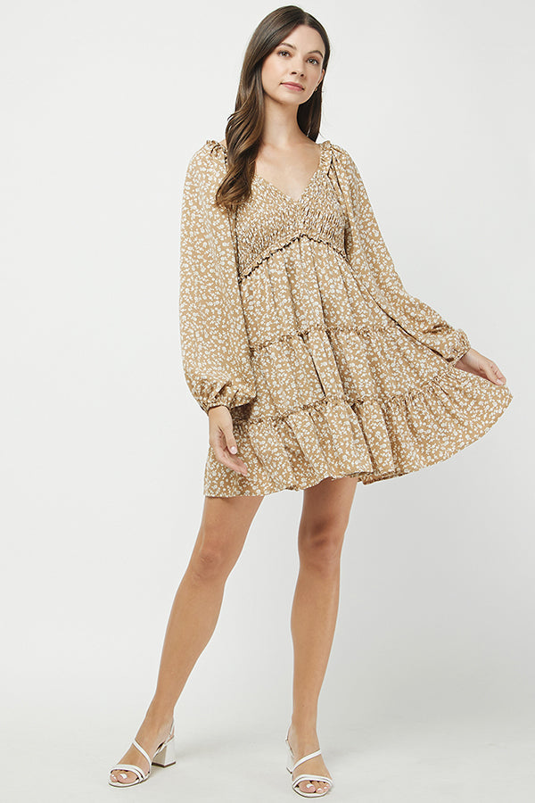 Golden Meadow Smocked Floral Mini Dress - YD1352KJ