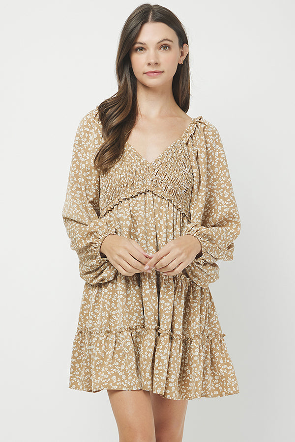 Golden Meadow Smocked Floral Mini Dress - YD1352KJ