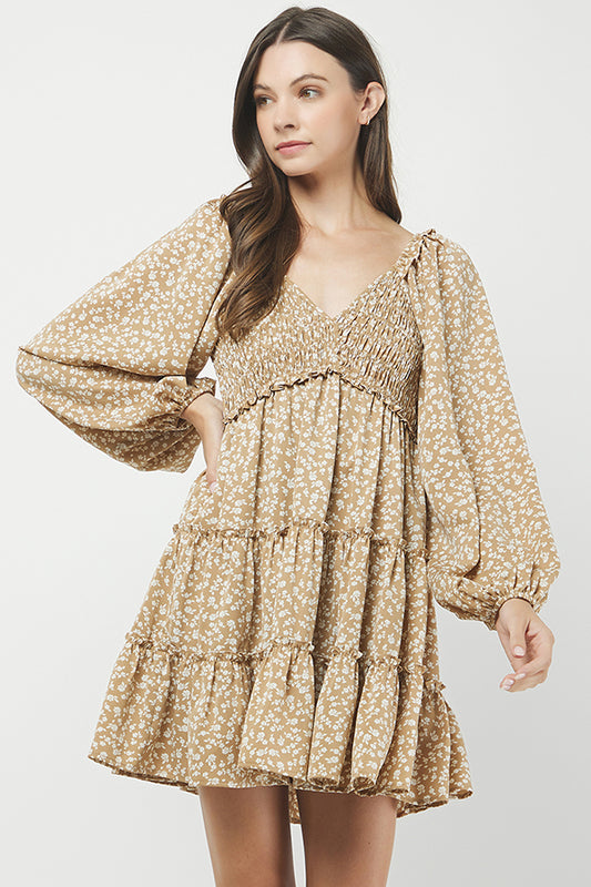 Golden Meadow Smocked Floral Mini Dress - YD1352KJ