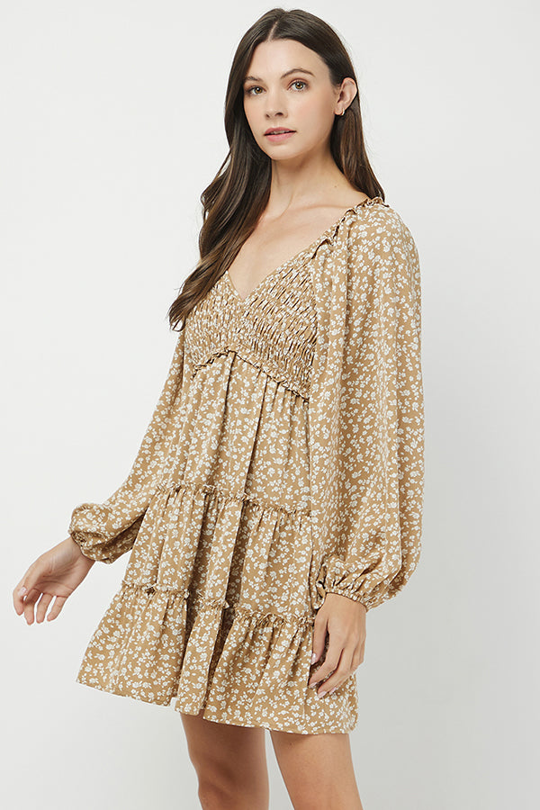 Golden Meadow Smocked Floral Mini Dress - YD1352KJ