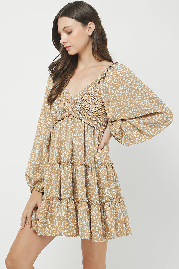 Golden Meadow Smocked Floral Mini Dress - YD1352KJ