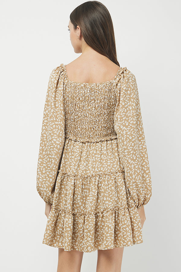 Golden Meadow Smocked Floral Mini Dress - YD1352KJ