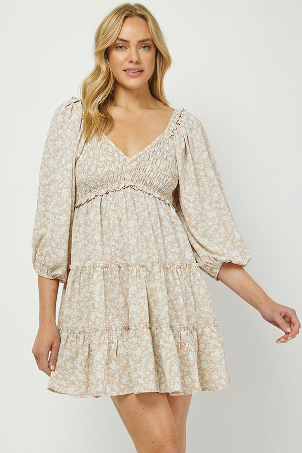 Blossom Breeze Beige Floral Mini Dress - YD1353KJ