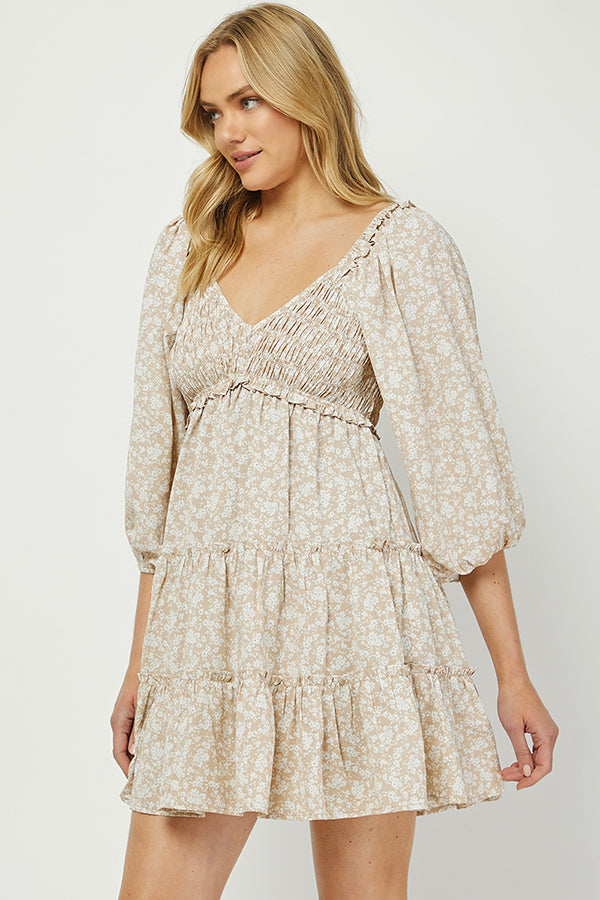 Blossom Breeze Beige Floral Mini Dress - YD1353KJ