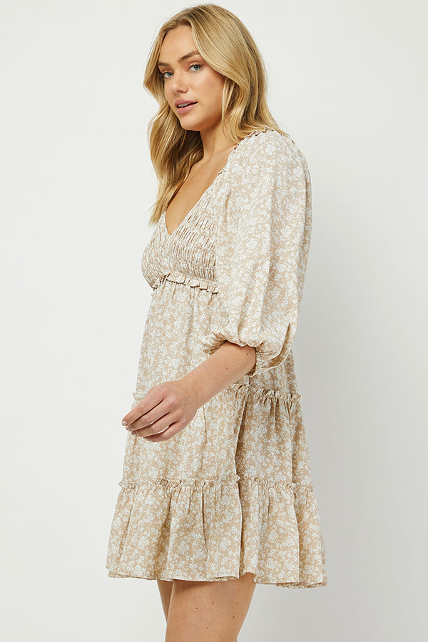 Blossom Breeze Beige Floral Mini Dress - YD1353KJ