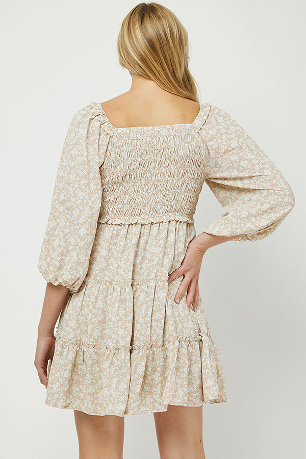 Blossom Breeze Beige Floral Mini Dress - YD1353KJ