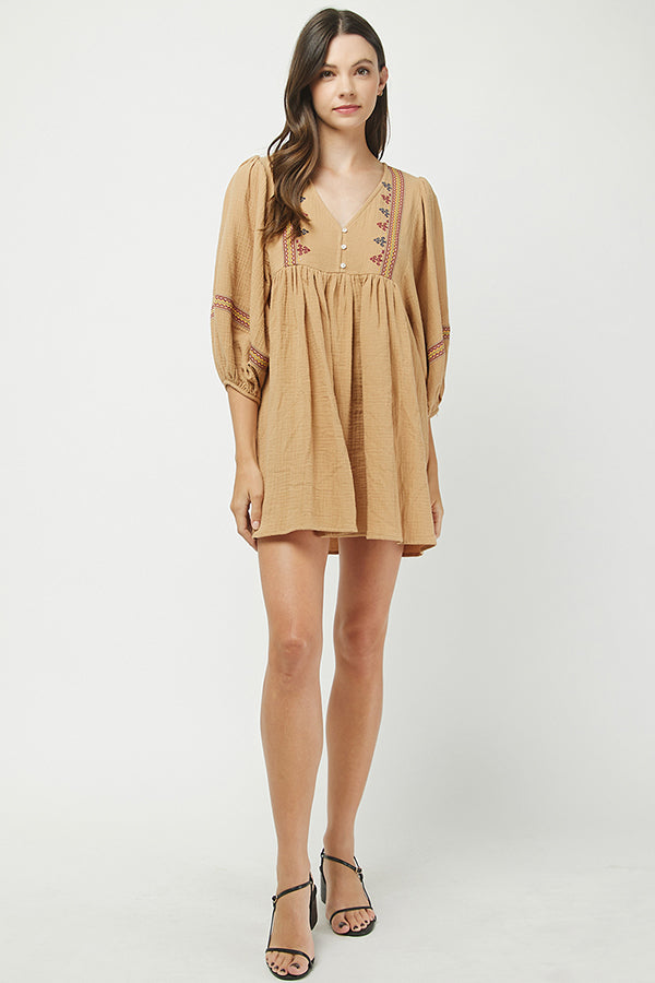 Camel Embroidered Babydoll Tunic Dress - YD1368BJ