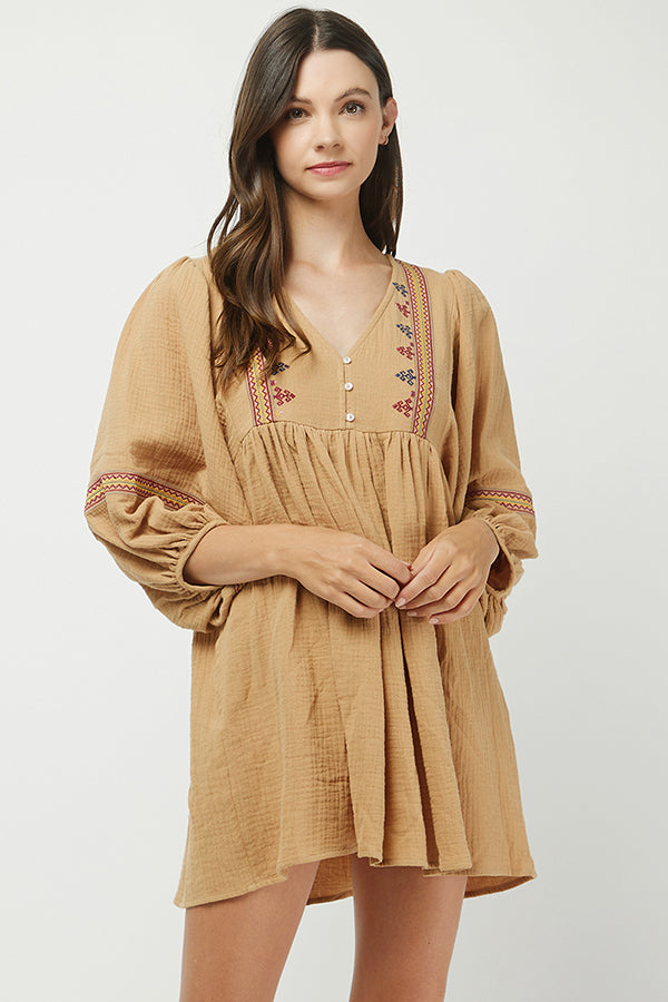 Camel Embroidered Babydoll Tunic Dress - YD1368BJ