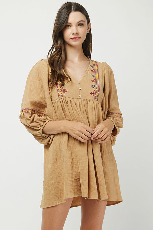 Camel Embroidered Babydoll Tunic Dress - YD1368BJ