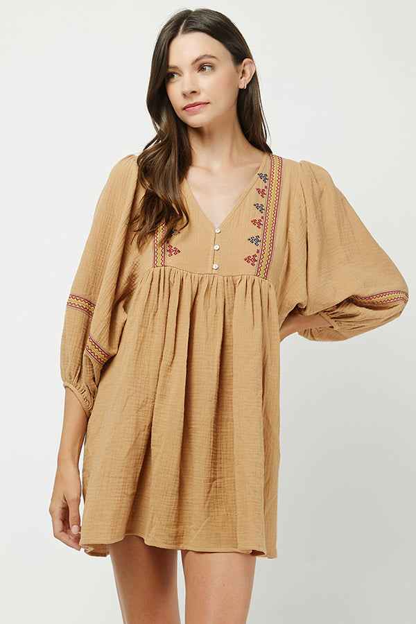 Camel Embroidered Babydoll Tunic Dress - YD1368BJ