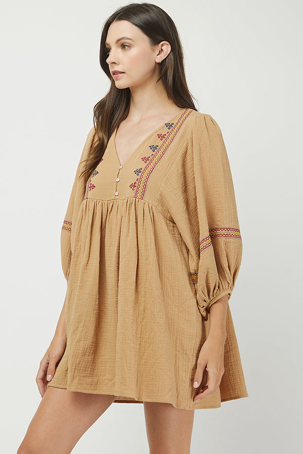 Camel Embroidered Babydoll Tunic Dress - YD1368BJ