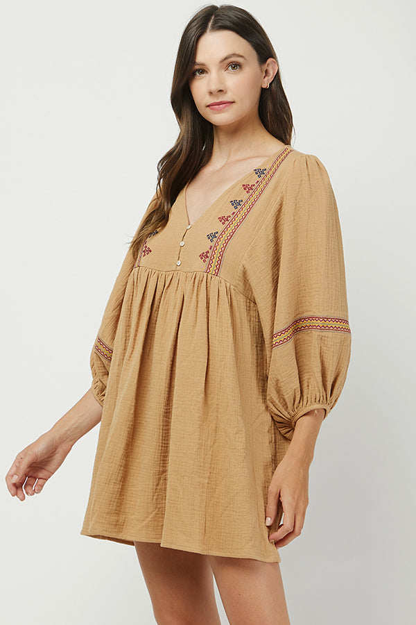 Camel Embroidered Babydoll Tunic Dress - YD1368BJ