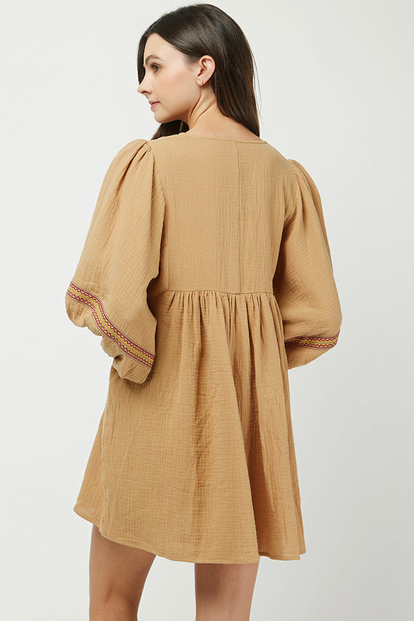 Camel Embroidered Babydoll Tunic Dress - YD1368BJ
