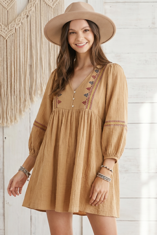 Camel Embroidered Babydoll Tunic Dress - YD1368BJ