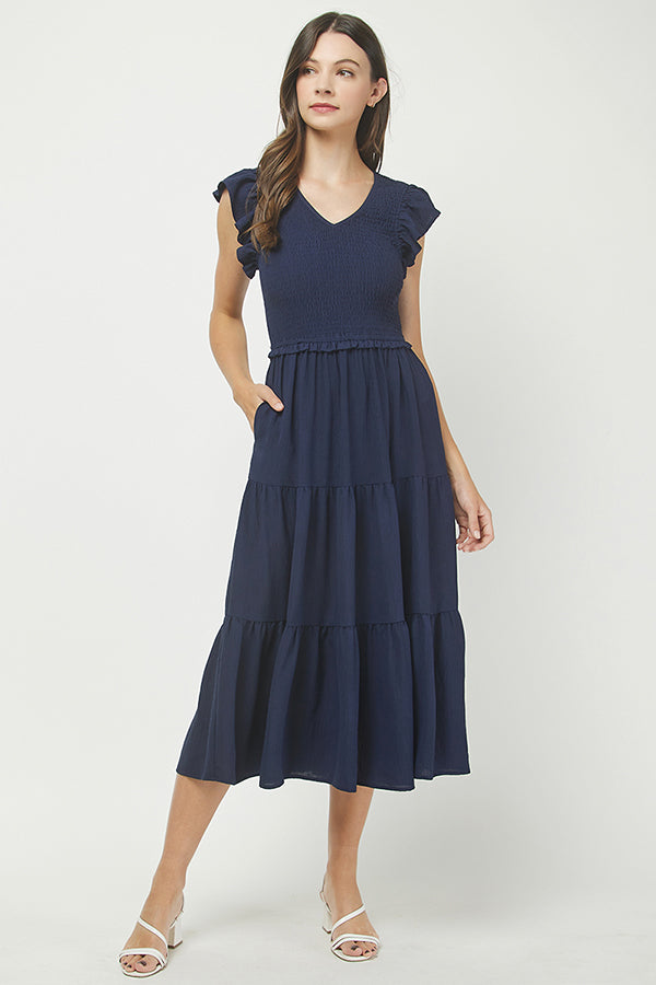 Navy Smocked Tiered Midi Dress - YD1382BJ