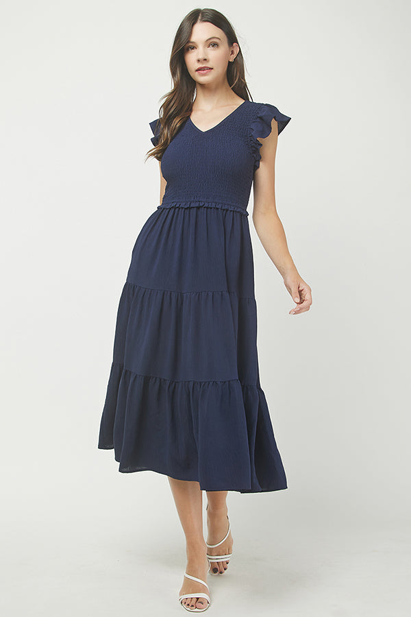 Navy Smocked Tiered Midi Dress - YD1382BJ
