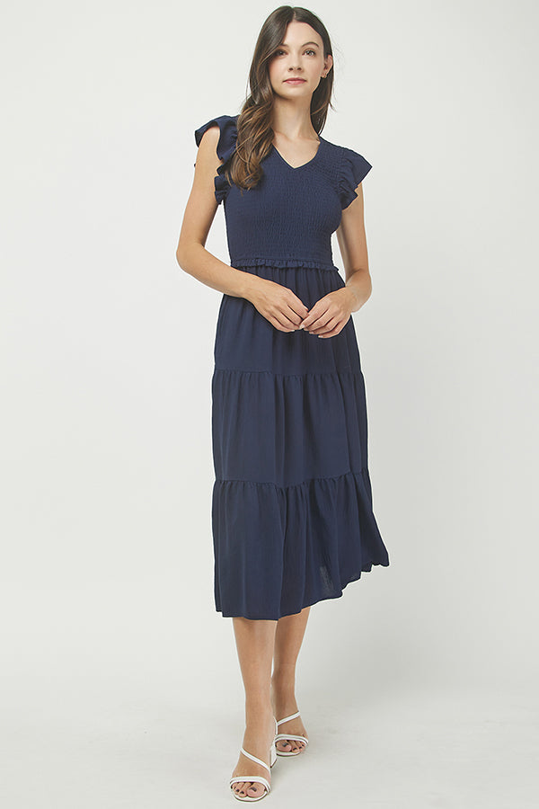 Navy Smocked Tiered Midi Dress - YD1382BJ