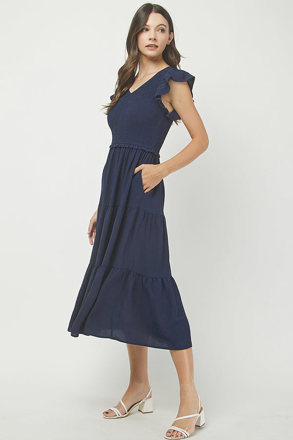 Navy Smocked Tiered Midi Dress - YD1382BJ