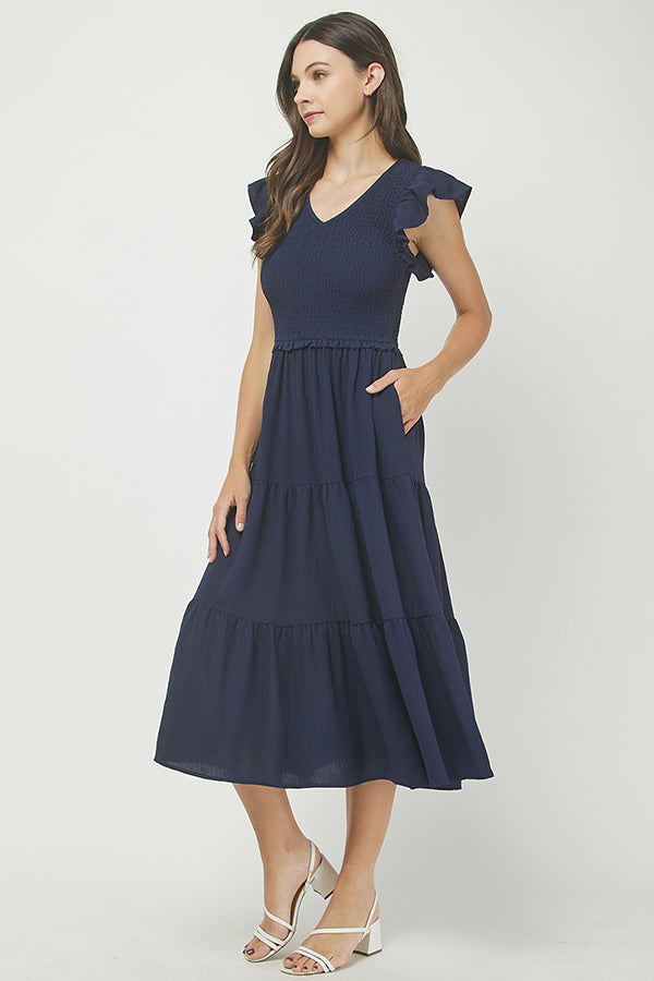 Navy Smocked Tiered Midi Dress - YD1382BJ