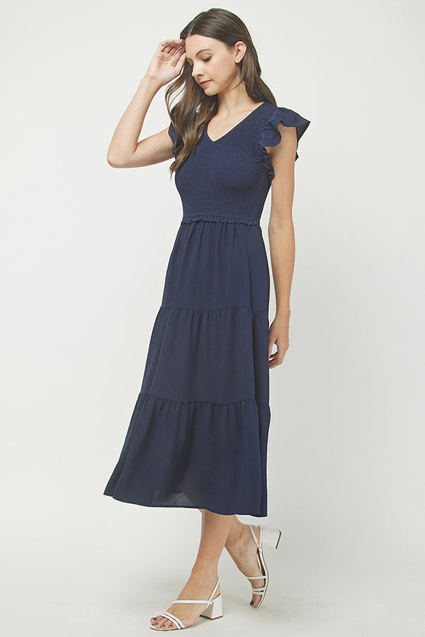 Navy Smocked Tiered Midi Dress - YD1382BJ