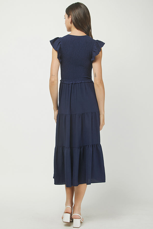 Navy Smocked Tiered Midi Dress - YD1382BJ