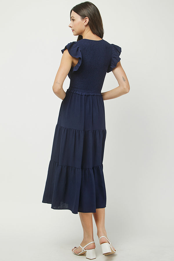 Navy Smocked Tiered Midi Dress - YD1382BJ
