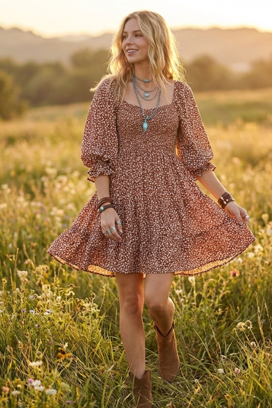 Autumn Bloom Puff Sleeve Dress - YD1465BJ