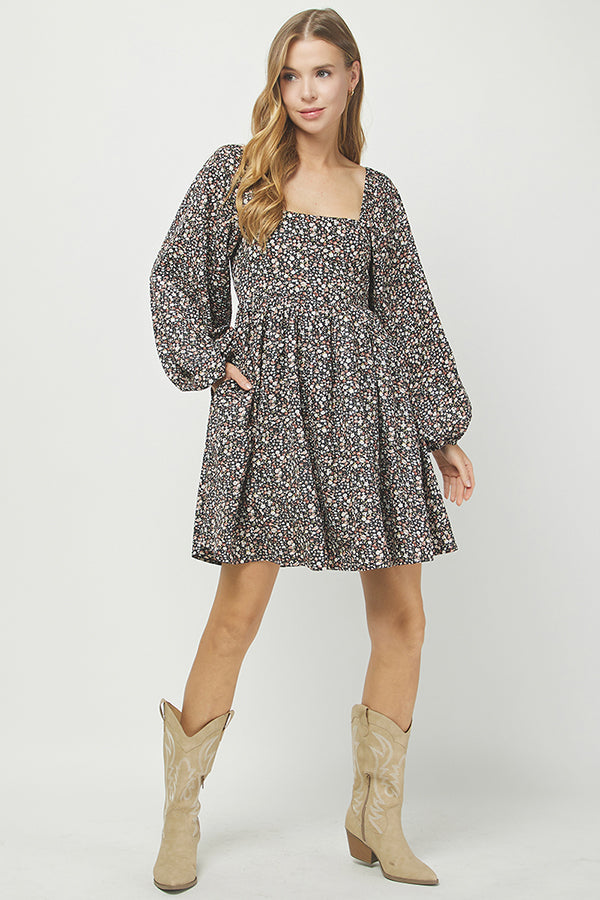 Floral Puff Sleeve Smocked Dress - YD1466BJ