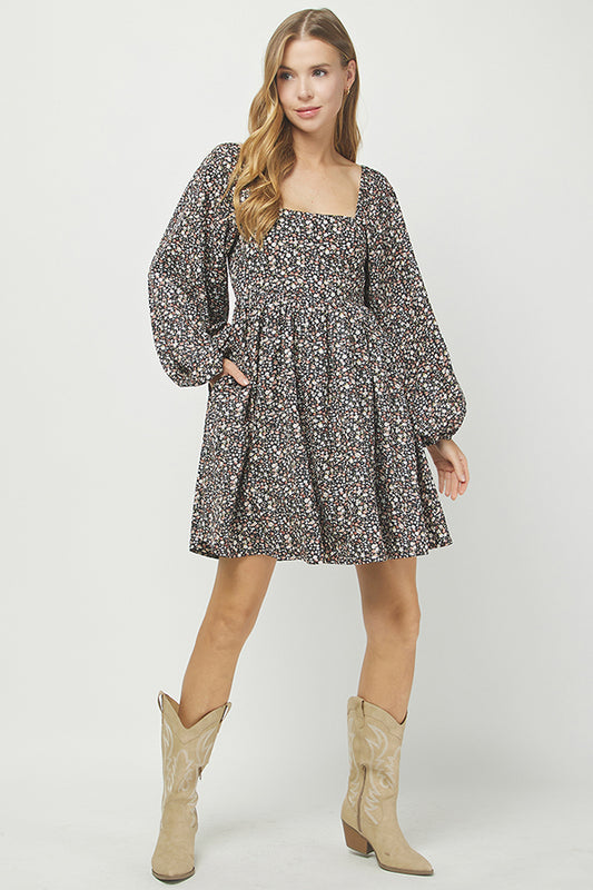 Floral Puff Sleeve Smocked Dress - YD1466BJ
