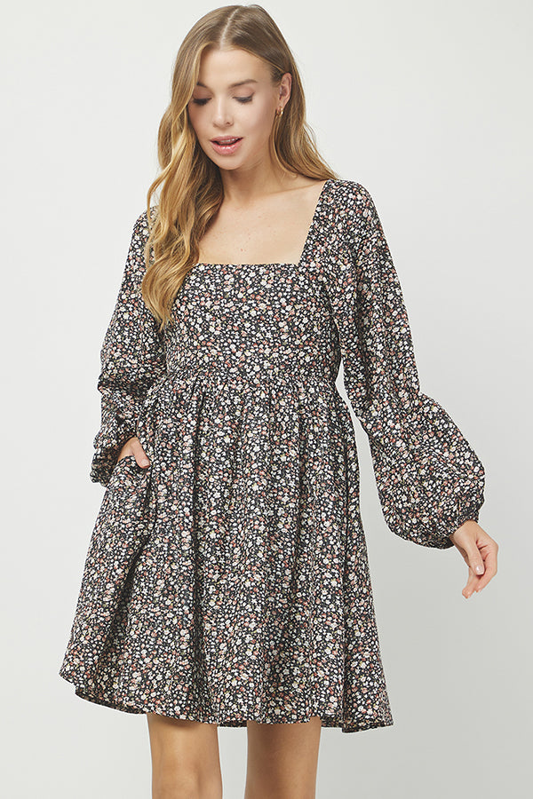 Floral Puff Sleeve Smocked Dress - YD1466BJ