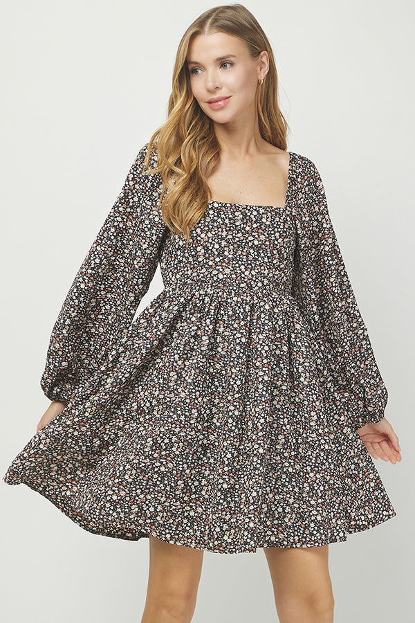 Floral Puff Sleeve Smocked Dress - YD1466BJ