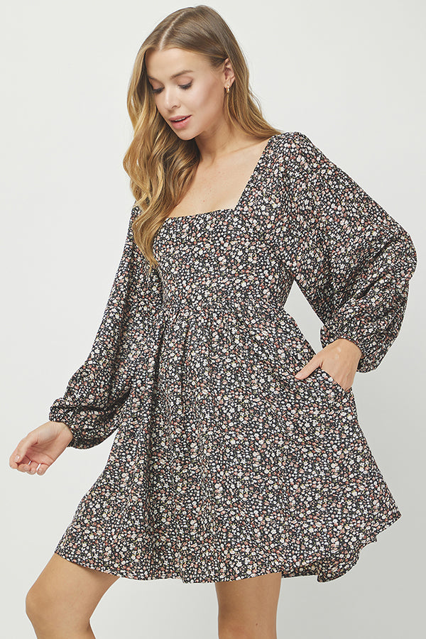 Floral Puff Sleeve Smocked Dress - YD1466BJ